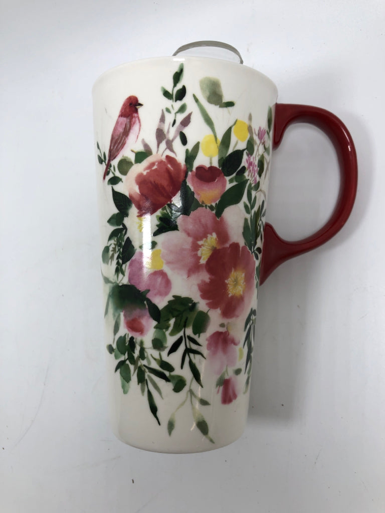 FLORAL BIRD MUG W/LID.