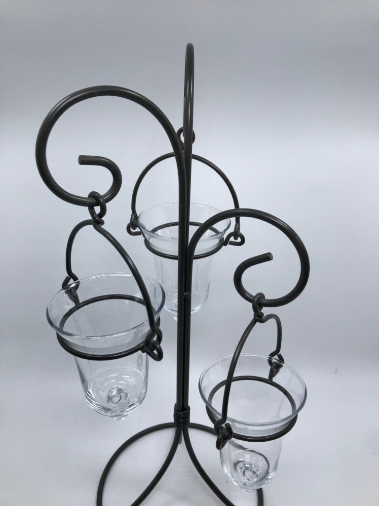 GREY METAL VOTIVE HOLDER W/3 GLASS CUPS.