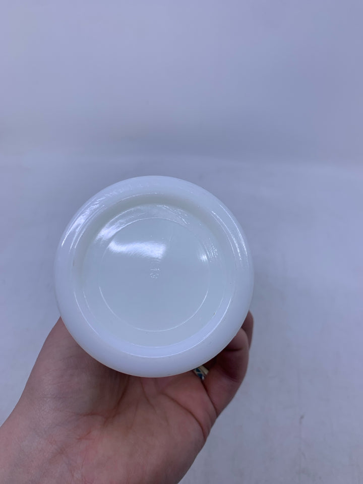 MILK GLASS VASE W/ EMBOSSED DETAILS SCALLOP EDGE.