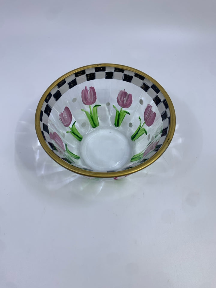 PINK TULIP & CHECKERED PAINTED GLASS BOWL.