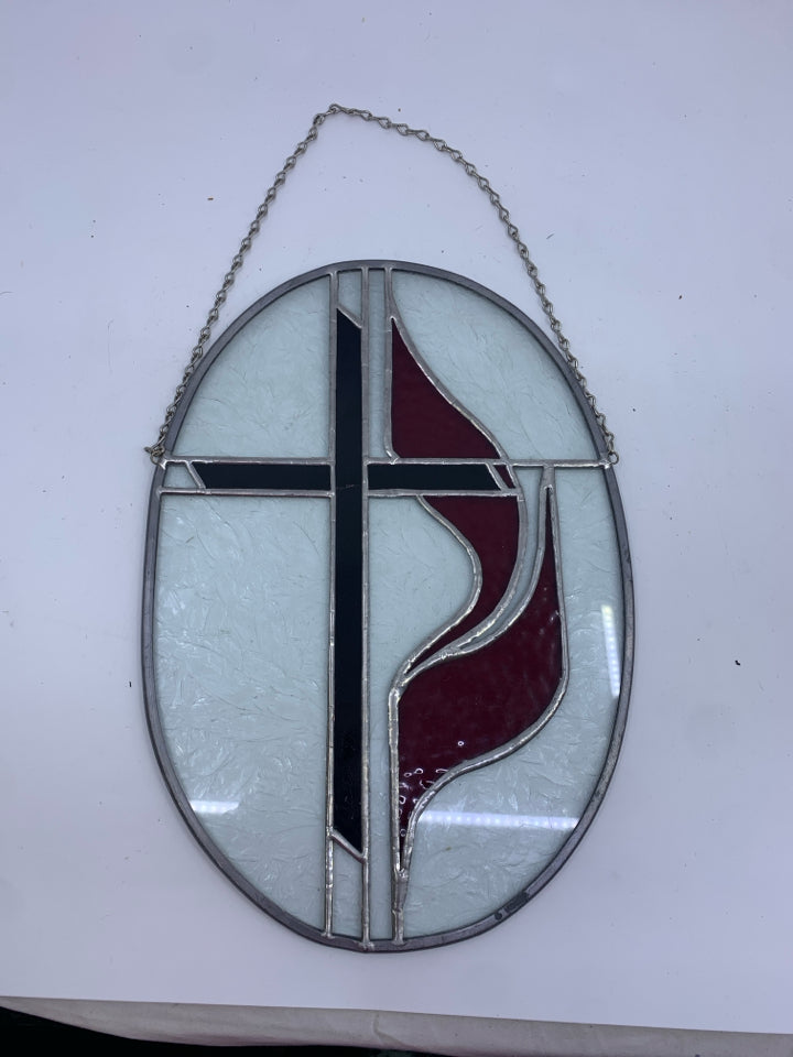 OVAL STAINED GLASS WALL HANGING BLACK CROSS.