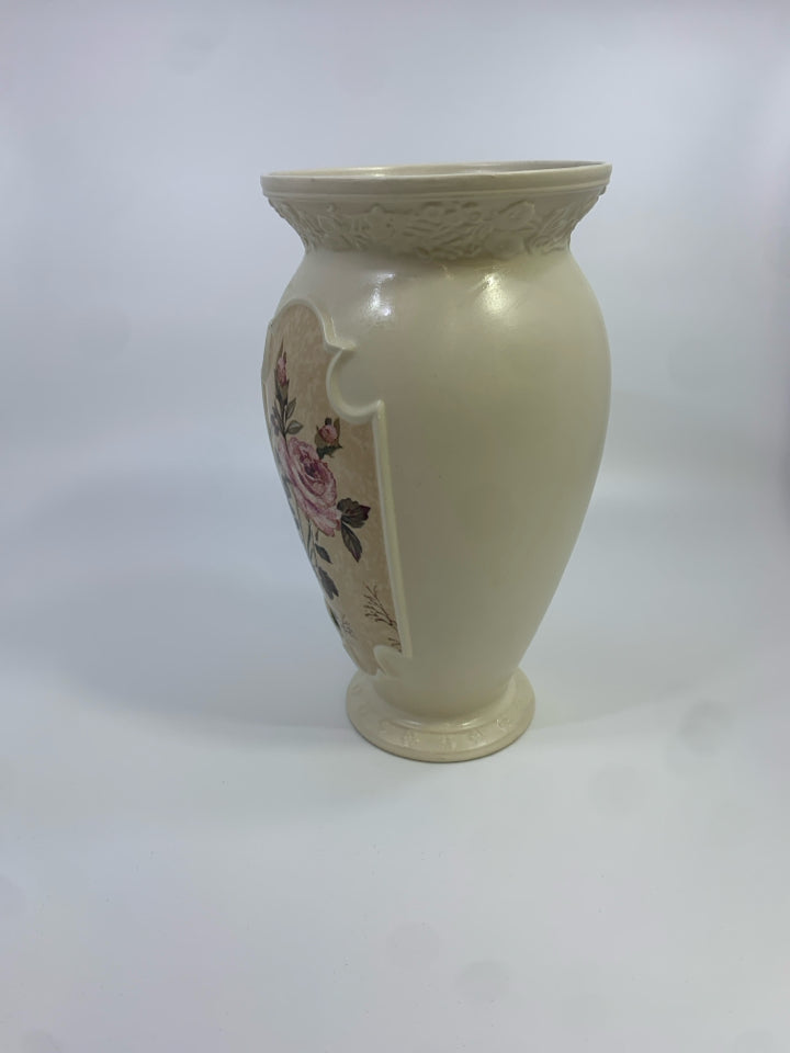 ROSE PAINTED CREAM FOOTED VASE.