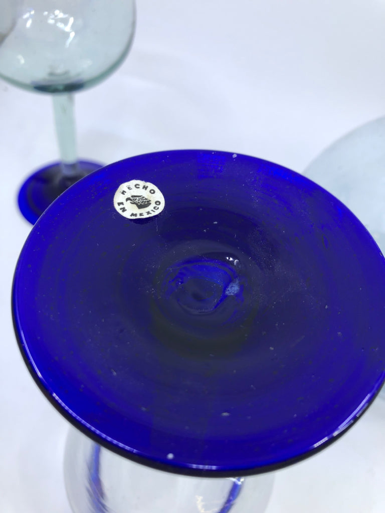 3PC BLUE BLOWN GLASS PITCHER + 2 GLASSES.