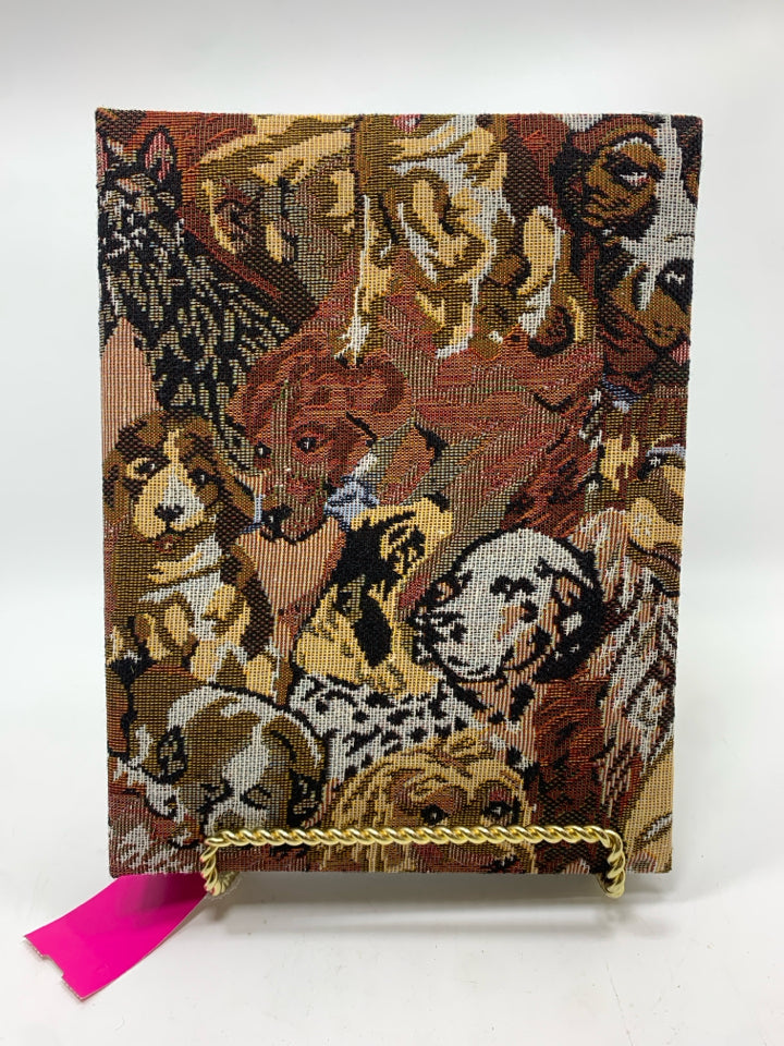 FABRIC PHOTO ALBUM W/SEWN DOG THEMED COVER.