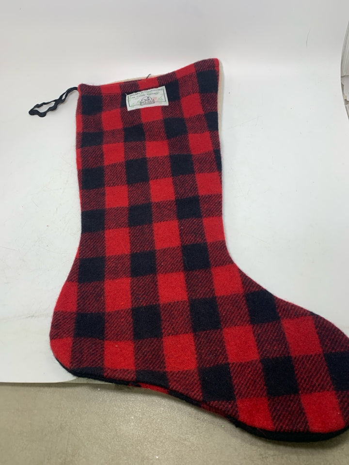 VTG WOOL RED PLAID STOCKING W/ STANDING BROWN BEAR.