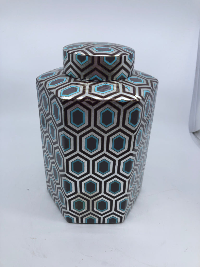 CERAMIC HEXAGON GINGER JAR SILVER W/ BROWN+TEAL DETAILS.