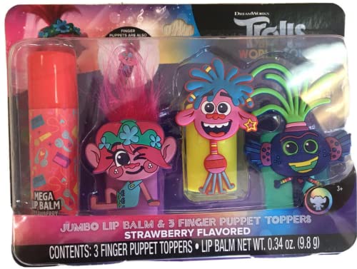 TOS Trolls World Tour-Jumbo Lip Balm Strawberry Flavored & 3 Finger Puppet Toppe