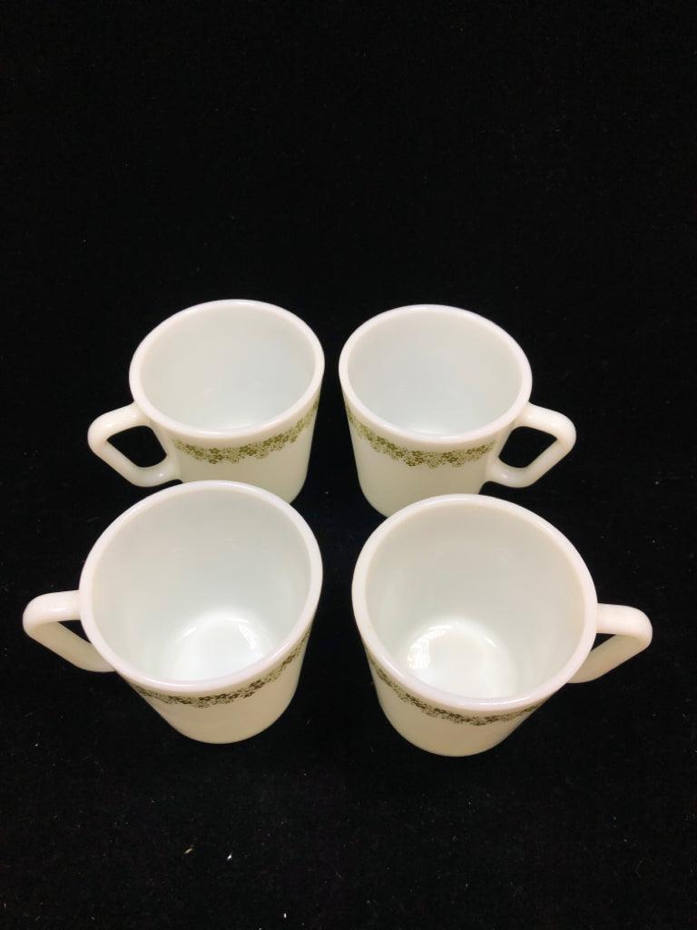4 CORELLE GREEN FLOWER CUPS.