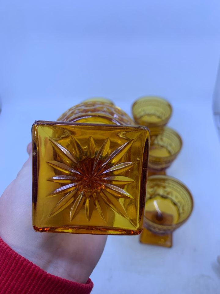 6 VTG FOOTED AMBER GLASSES W/ EMBOSSED DETAIL.