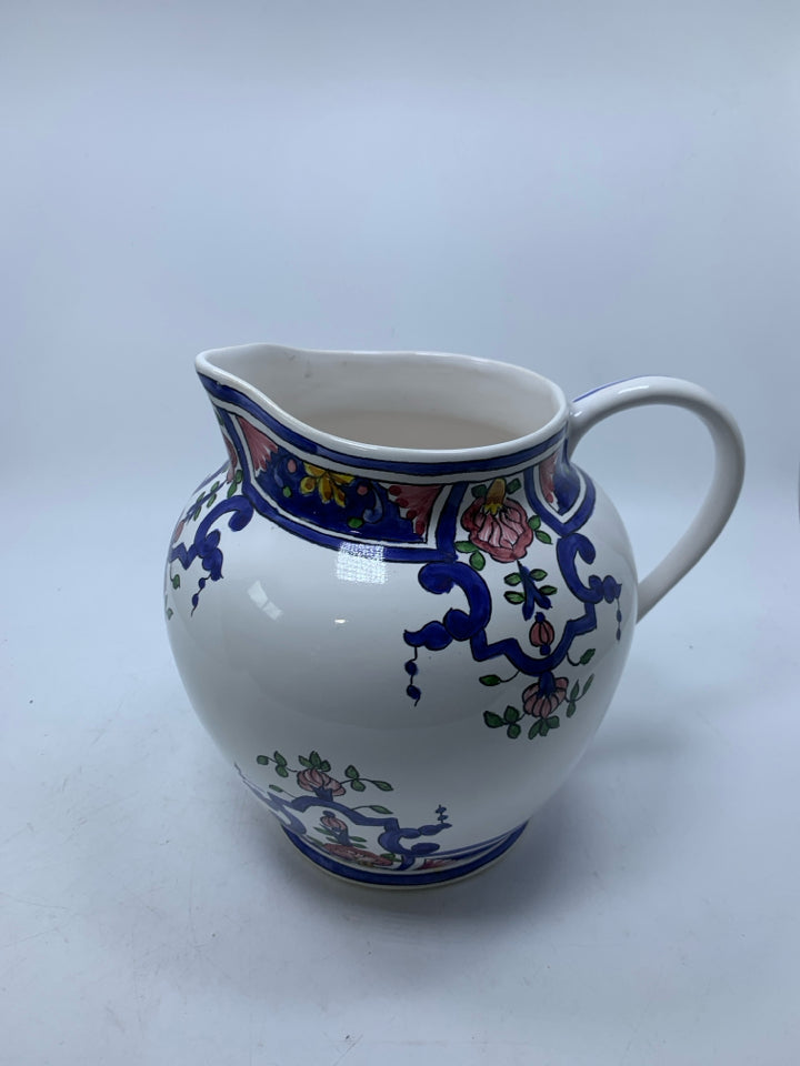 LARGE PITCHER W/ COBALT BLUE DESIGNS PINK FLOWERS.