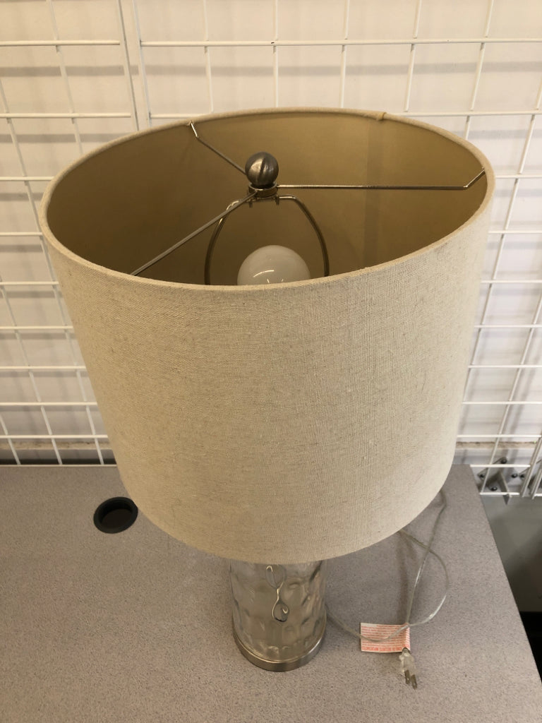 WAVY CLEAR GLASS LAMP W/CANVAS SHADE.