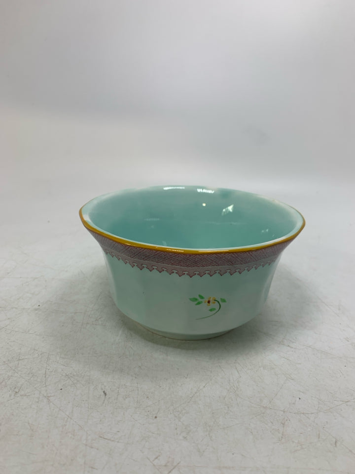 LIGHT BLUE IRONSTONE SMALL BOWL W/ RED DETAILED EDGE.