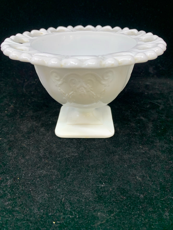VTG MILK GLASS LACED EDGE FOOTED CANDY DISH.