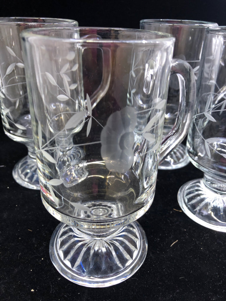 4 PRINCESS HOUSE ETCHED IRISH COFFEE MUGS.