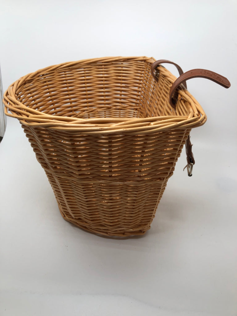 WICKER BIKE BASKET W/FAUX LEATHER STRAPS.