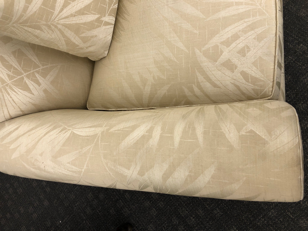 CREAM W/LEAF PRINT ACCENT CHAIR CURVED BACK & PILLOW,ORIGINAL PAPERS INCLUDED.