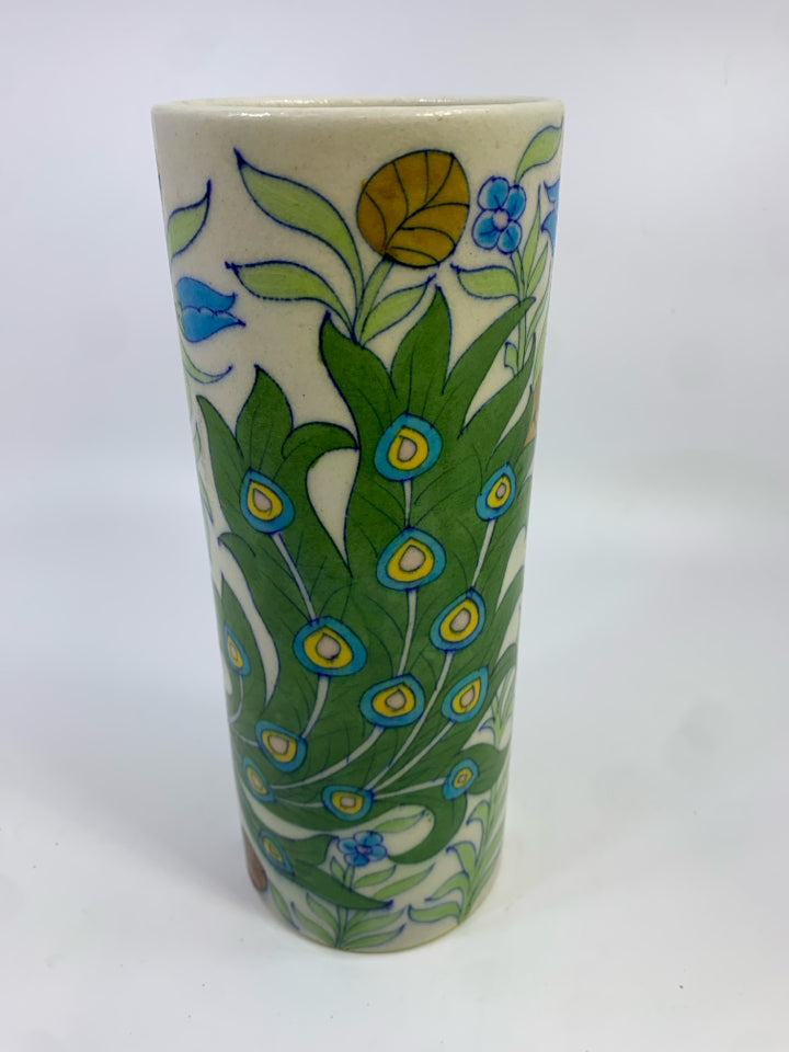 HAND-PAINTED COLORFUL PEACOCK VASE.