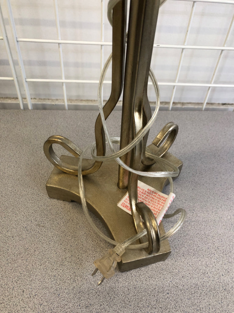 TALL METAL LAMP W/ WHITE SHADE &DISTRESSED BALL DESIGN.