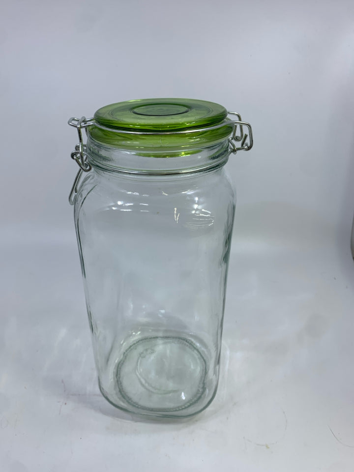 GLASS STORAGE JAR W/GREEN LID.