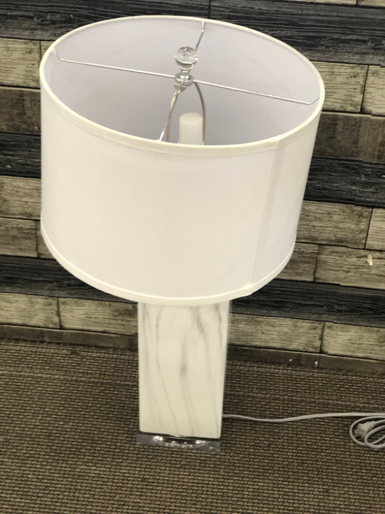 HEAVY MARBLE BASE LAMP W WHITE SHADE.