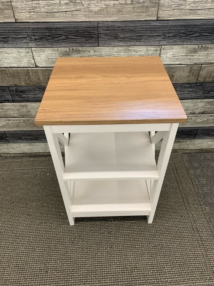 WOOD TOP WHITE PAINTED X SIDE TABLE W/SHELVES.