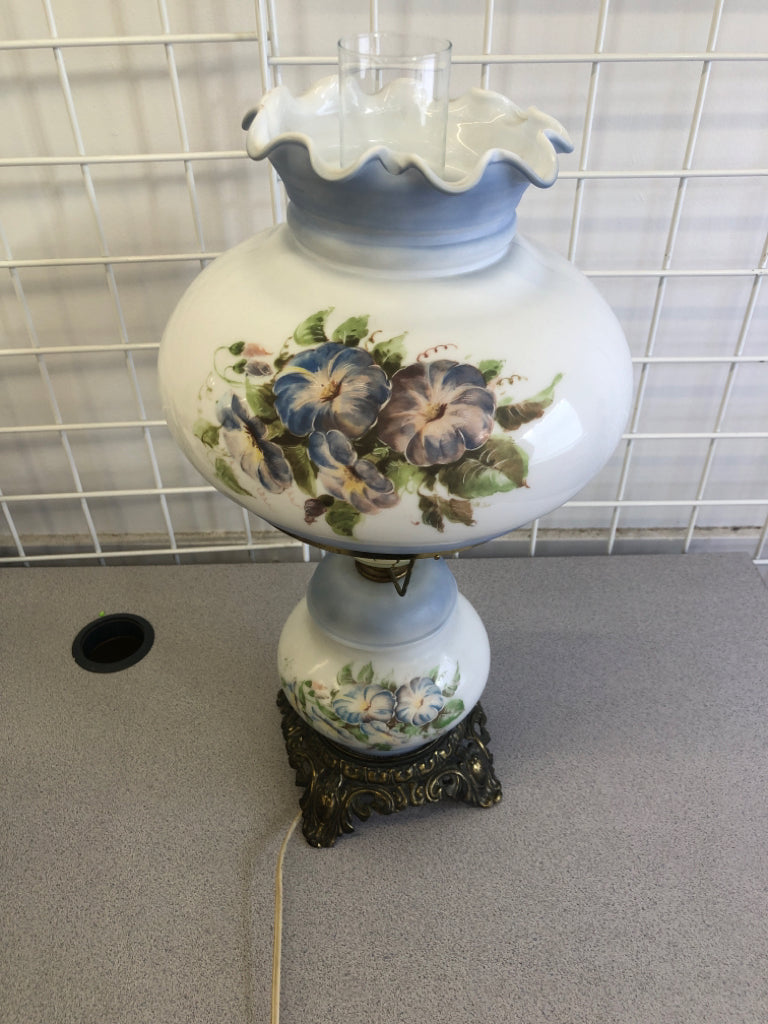 VTG BLUE AND WHITE HURRICANE LAMP.