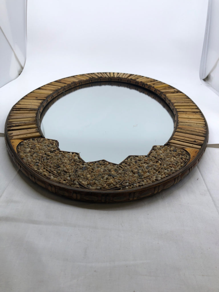 OVAL MIRROR BAMBOO TRIM/ PEBBLE DETAIL.