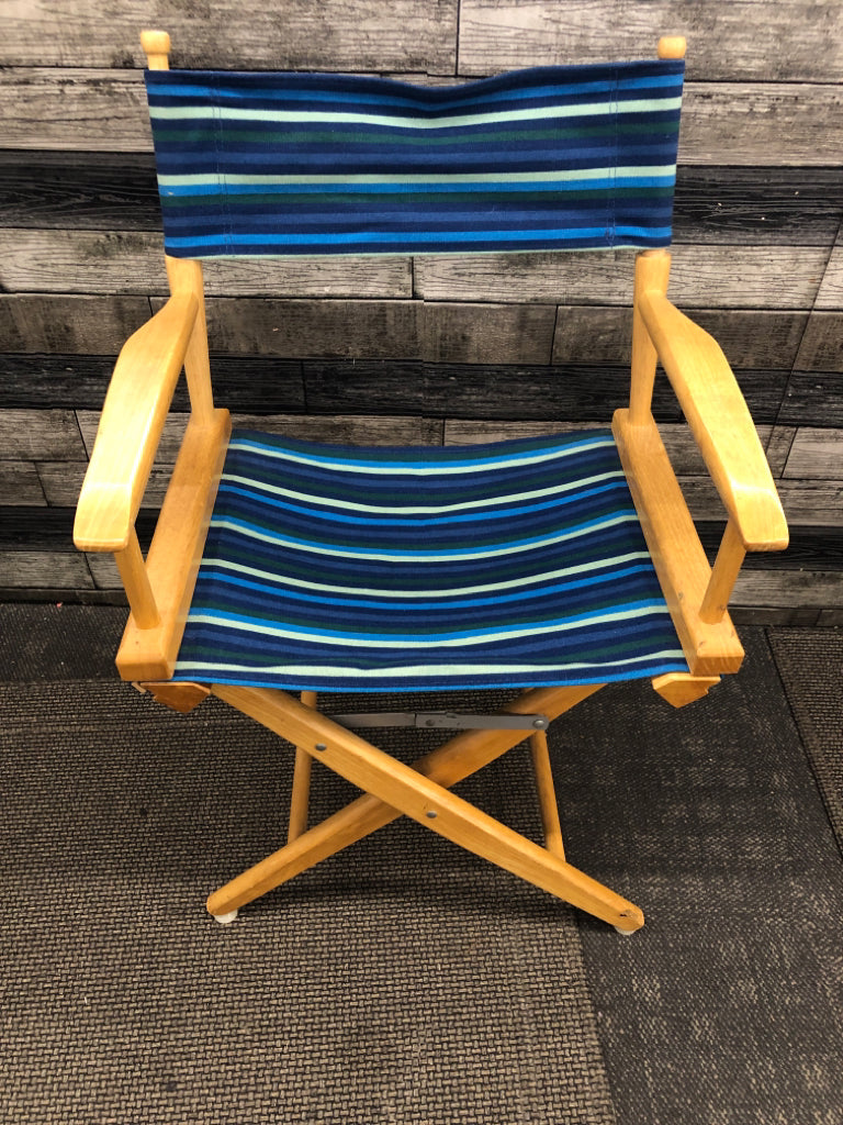 BLUE/GREEN STRIPED BLONDE WOOD DIRECTORS CHAIR.