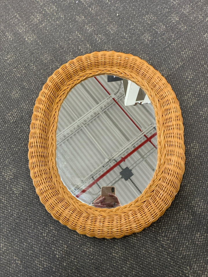 BLONDE WICKER WOVEN MIRROR.