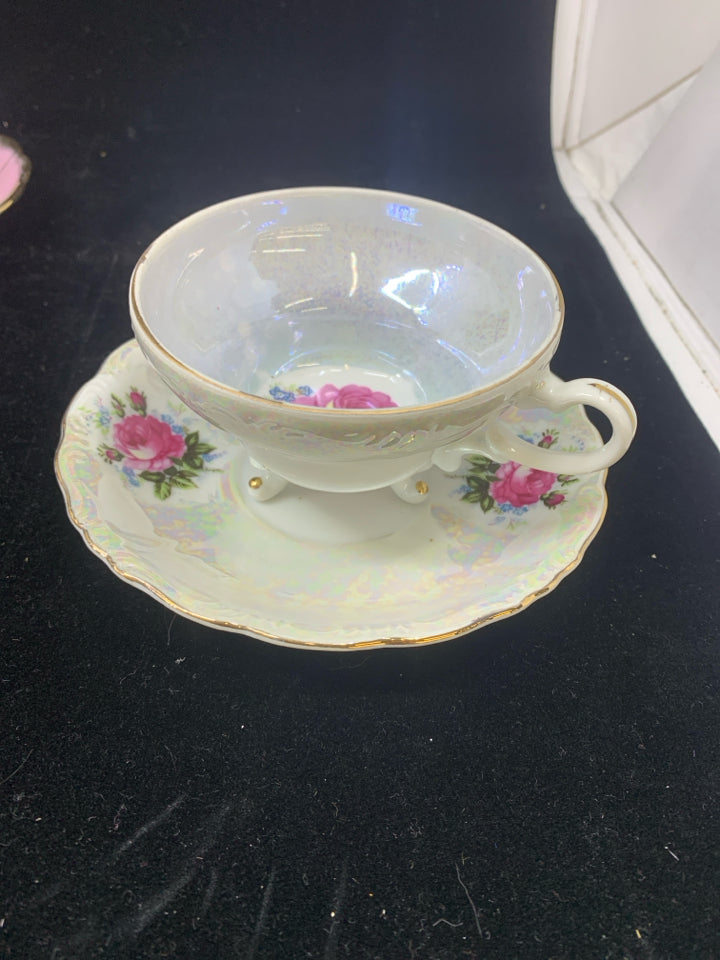 VTG PINK W/GOLD DESIGN IRIDESCENT FOOTED CUP & SAUCER.