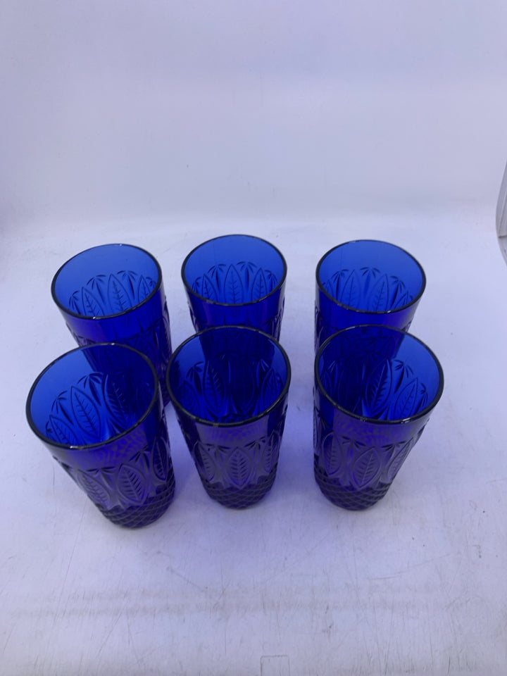 6 COBALT BLUE EMBOSSED DESIGNS GLASSES.