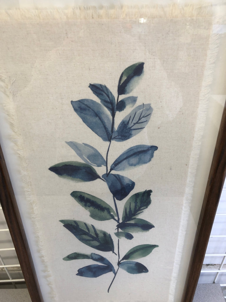 BLUE & GREEN LINEWORK LEAVES FRAMED PRINT ON CLOTH.