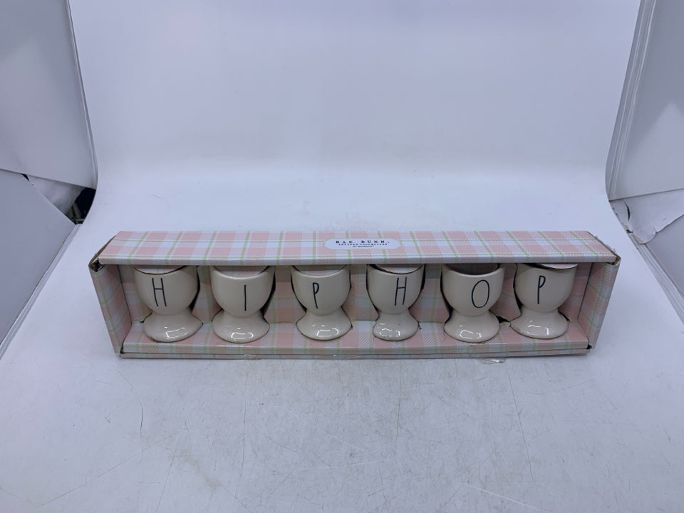 NIB 6 RAE DUNN EGG CUPS SPELLING HIPHOP