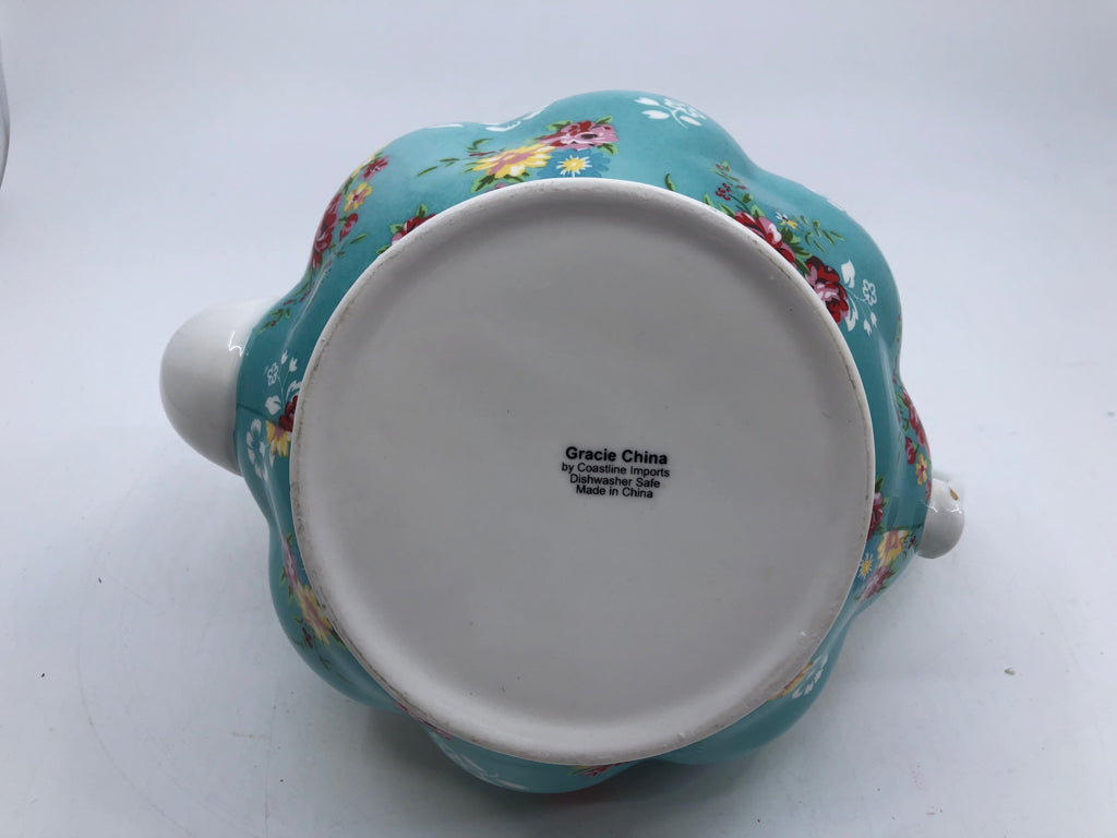 AQUA TEA POT W/ YELLOW/RED ROSES.