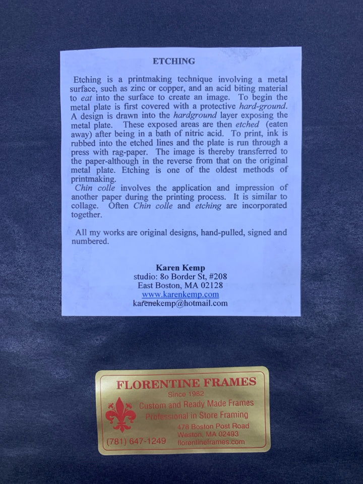 CUPCAKE ETCHING SIGNED BY ARTIST IN GOLD FRAME.