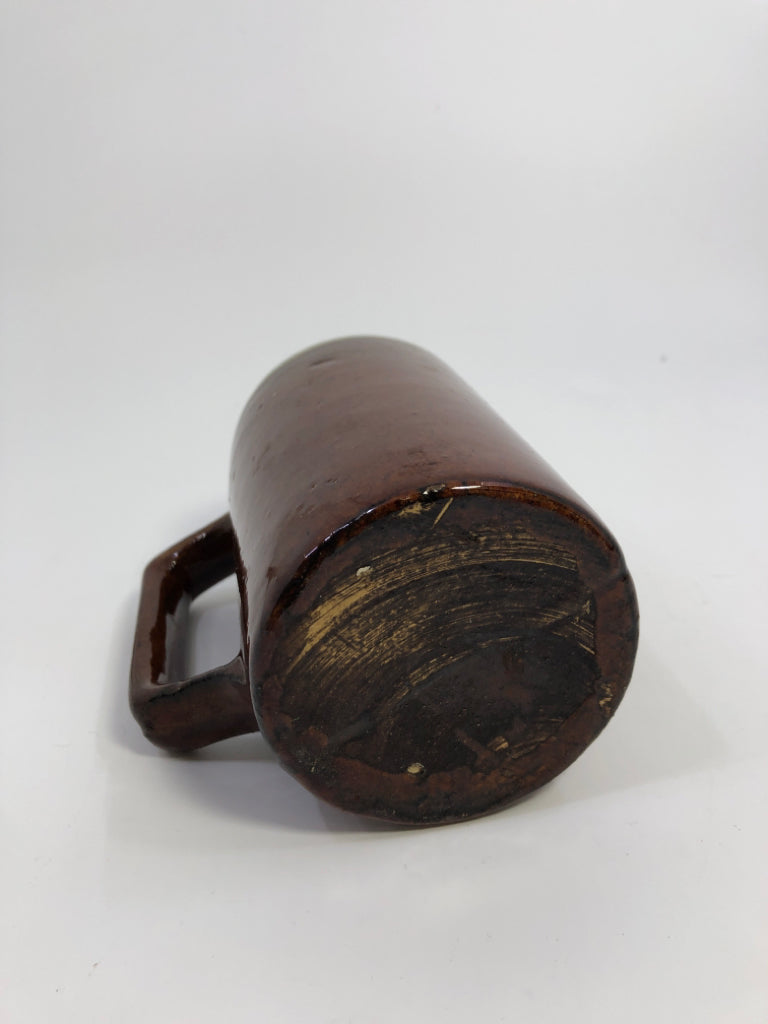 BROWN & BLUE POTTERY MUG W/SQUARE HANDLE.