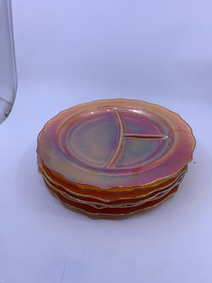 6 VTG CARNIVAL GLASS DIVIDED DINNER PLATES.