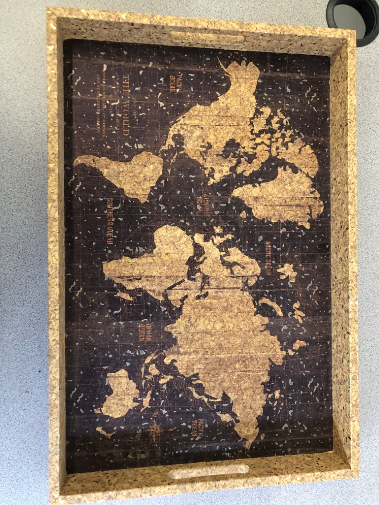 WORLD MAP CORK TRAY W/GOLD FLECKS.