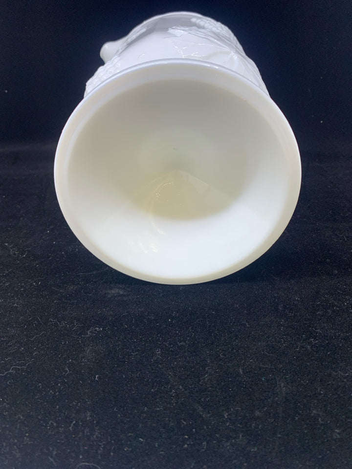 8PC VTG GRAPES EMBOSSED MILK GLASS PITCHER + TUMBLER SET.