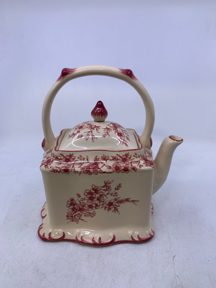 IVORY & FLORAL SQUARE TEAPOT.