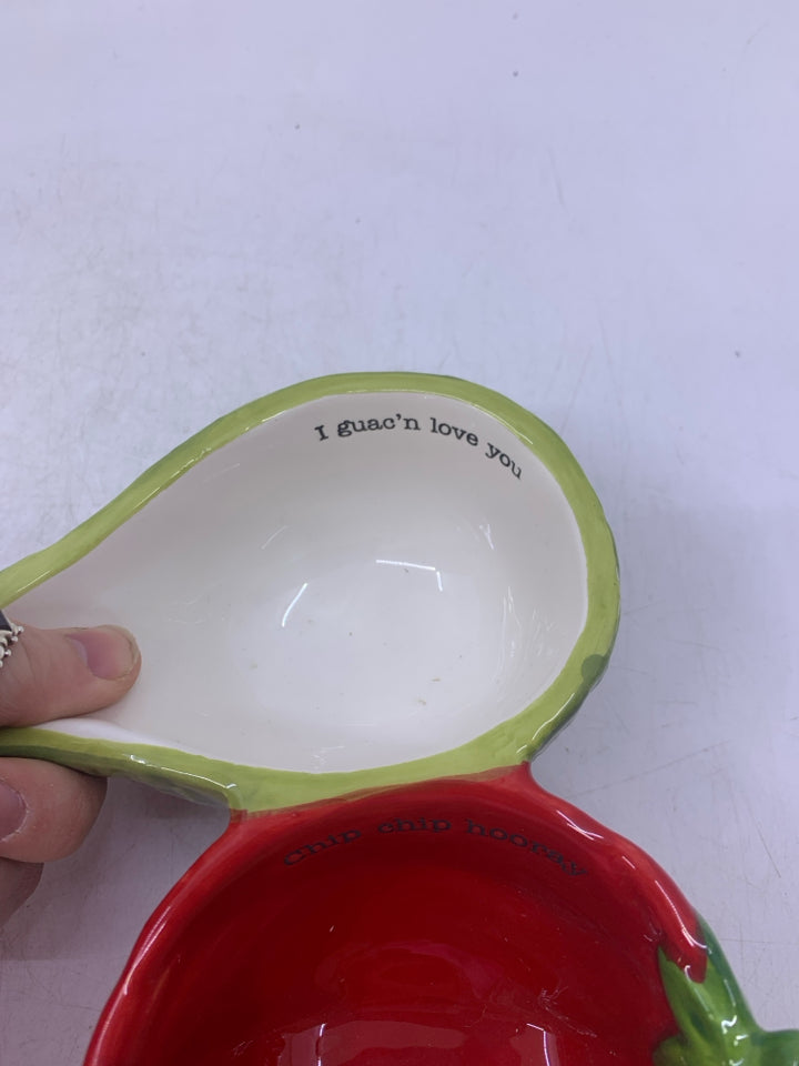 NEW AVOCADO,TOMATO AND CHEESE BLOCK FUSED CERAMIC DIP SET.