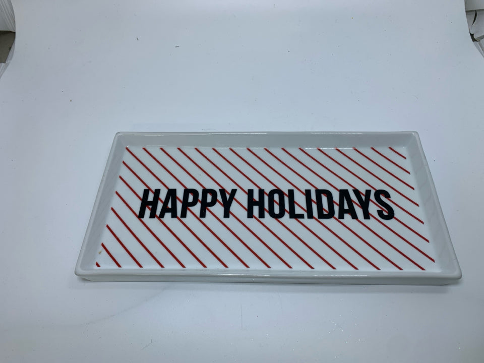 WHITE RECTANGLE POTTERY BARN HAPPY HOLIDAYS RED STRIPED TRAY.