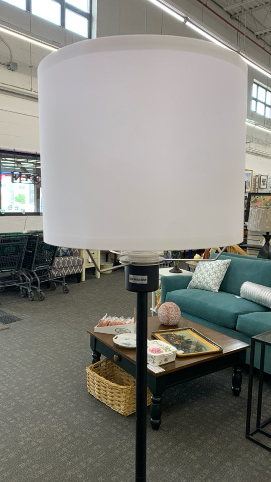 BLACK METAL PENCIL FLOOR LAMP W/ WHITE SHADE.