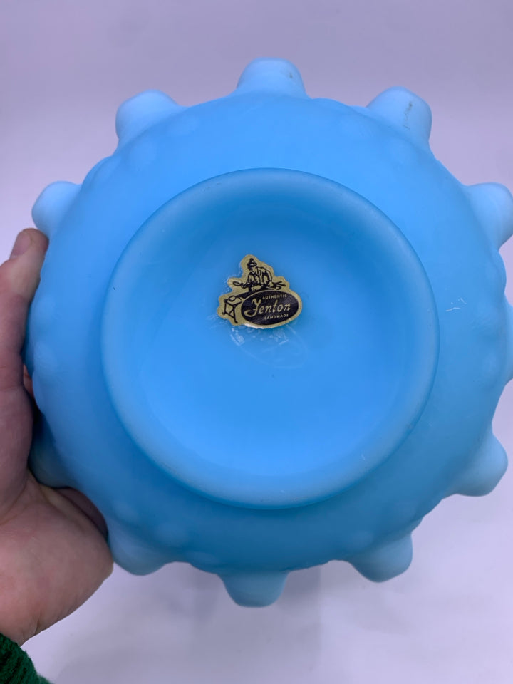 VTG FOOTED LIGHT BLUE FENTON BOWL W/ RUFFLED EDGE.