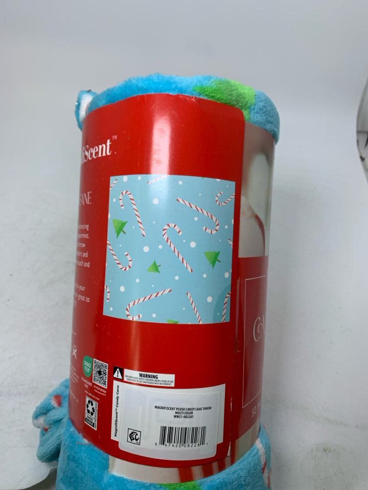 NIP BLUE CANDY CANE PATTERN PLUSH THROW.