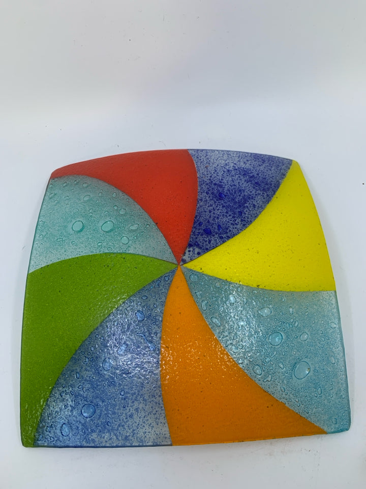 FUSED COLORFUL GLASS SQUARE TRAY LIFTED EDGES.
