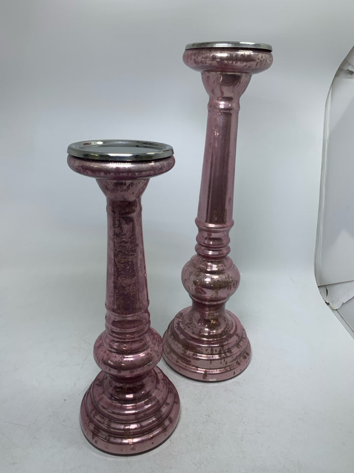 2 TALL MERCURY GLASS PILLAR CANDLE HOLDER.
