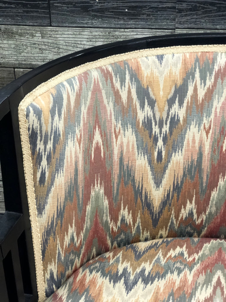 SHORT ROUND PASTEL UPHOLDERED W BLACK WOOD ACCENTS CHAIR.