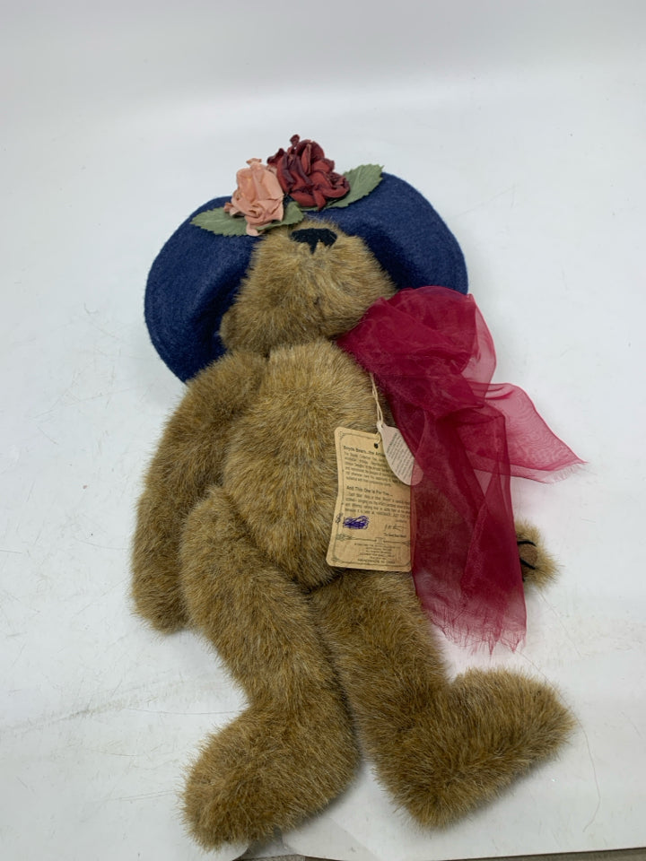 NAVY HAT W/ ROSE FLOWERS & SHEER RIBBON BOYDS BEARS.