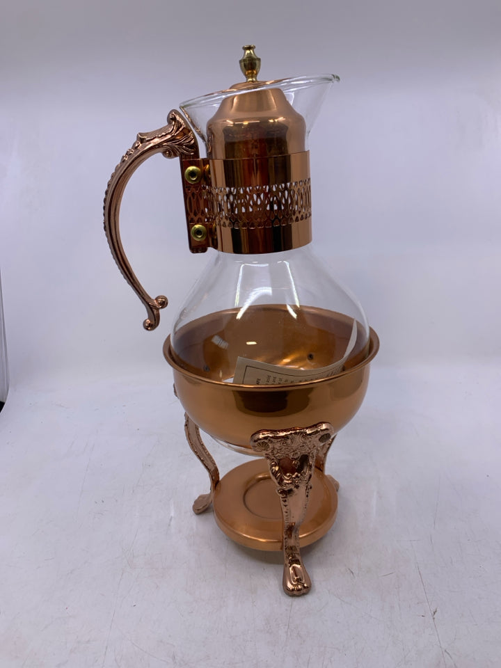 VTG GLASS + COPPER COFFEE POT WITH WARMING STAND.